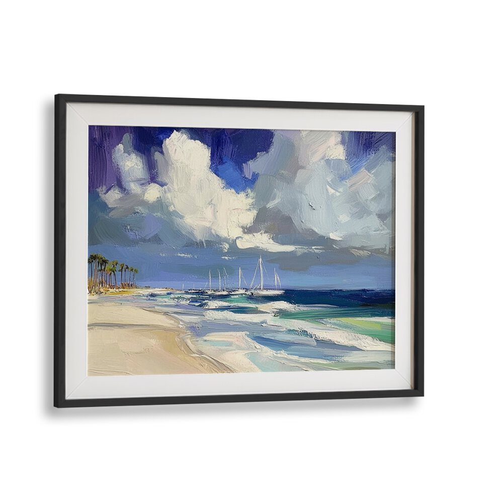 Sailboats on the Beach II artwork captures serene coastal beauty with graceful sailboats gliding across tranquil waters.