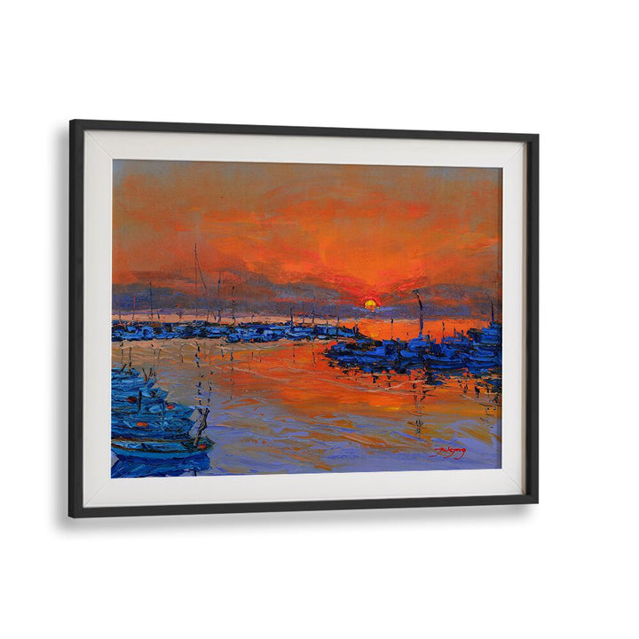 Vibrant SUNRISE, LANDSCAPE PAINTINGS showcasing a stunning sunset over tranquil waters and boats. Perfect for any space.