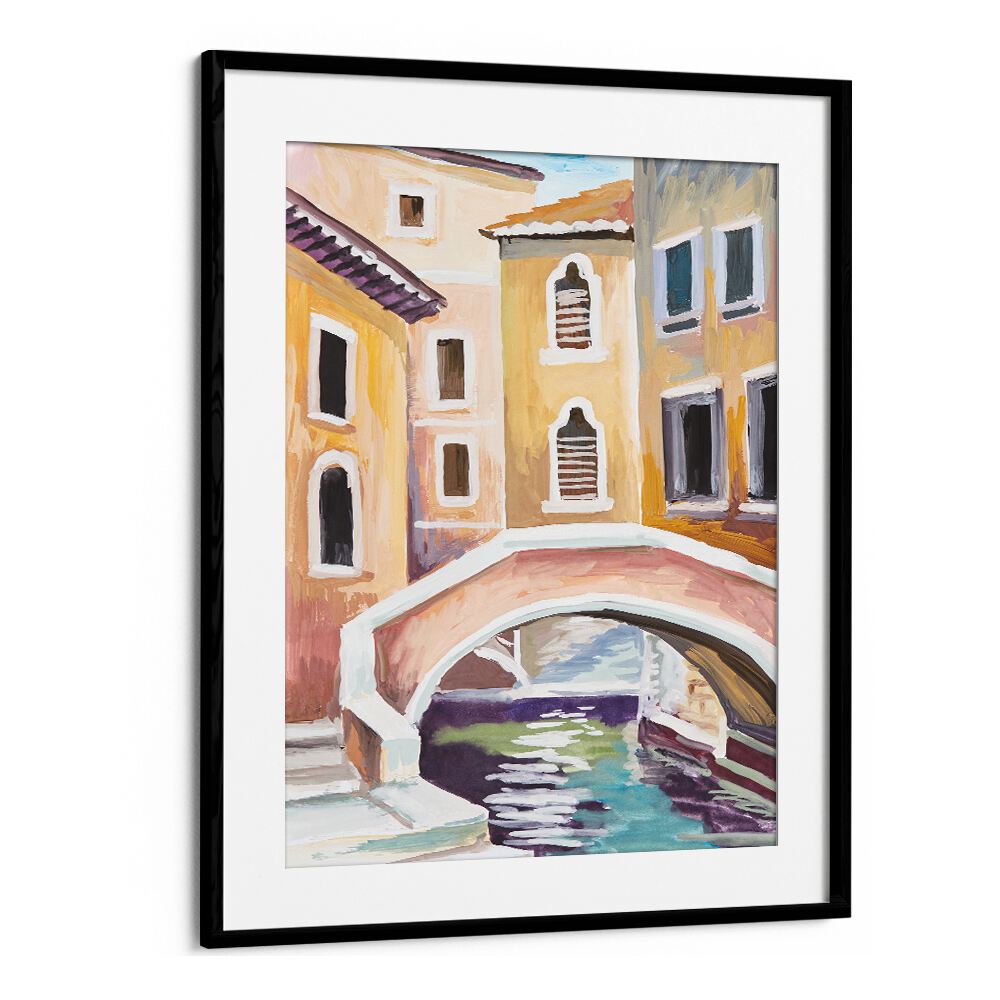 Gondolas and Arches Vintage European Paintings in Black Frame With Mount