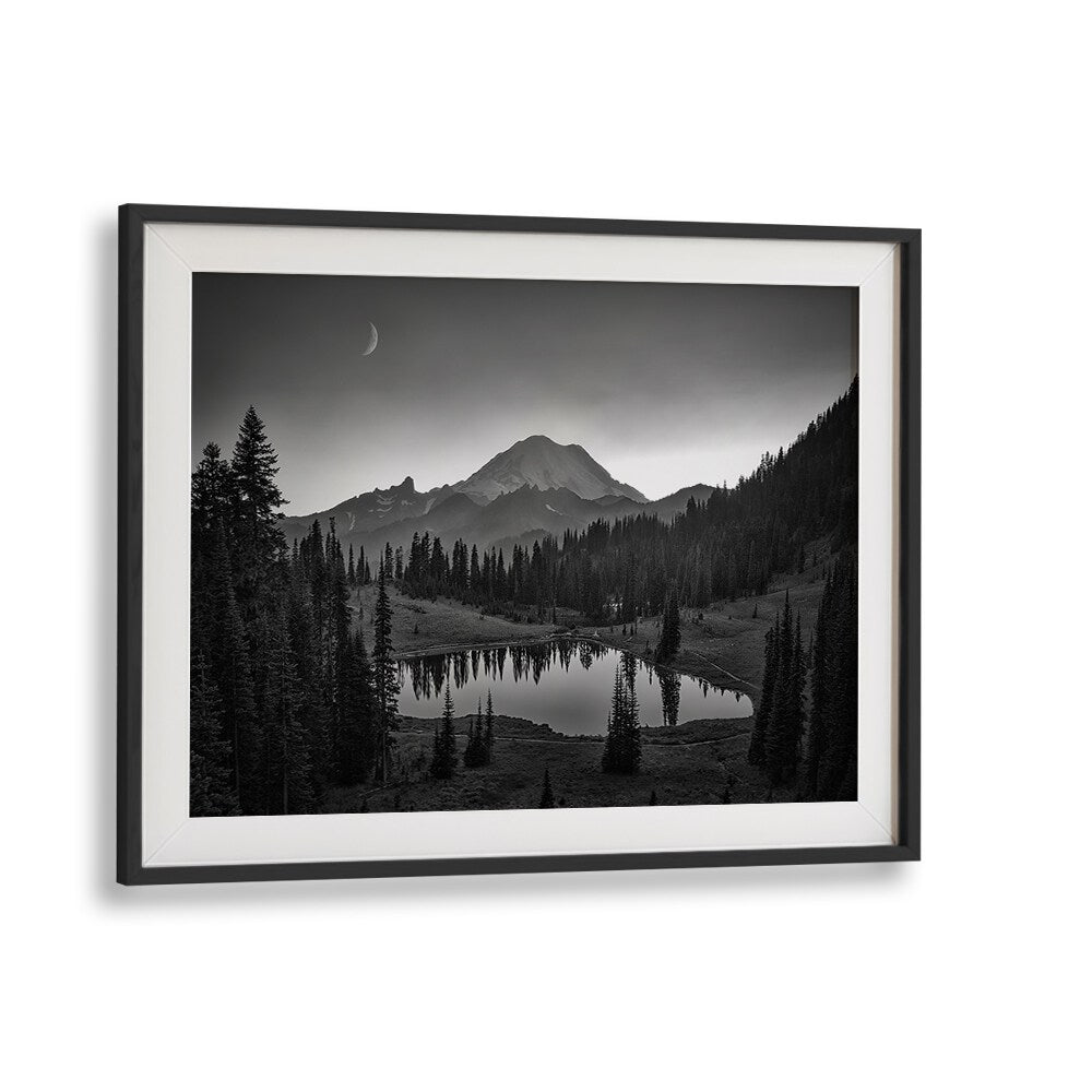 Stunning black and white MT. RAINIER, PHOTOGRAPHY PRINTS showcasing majestic landscapes and serene reflections in nature.