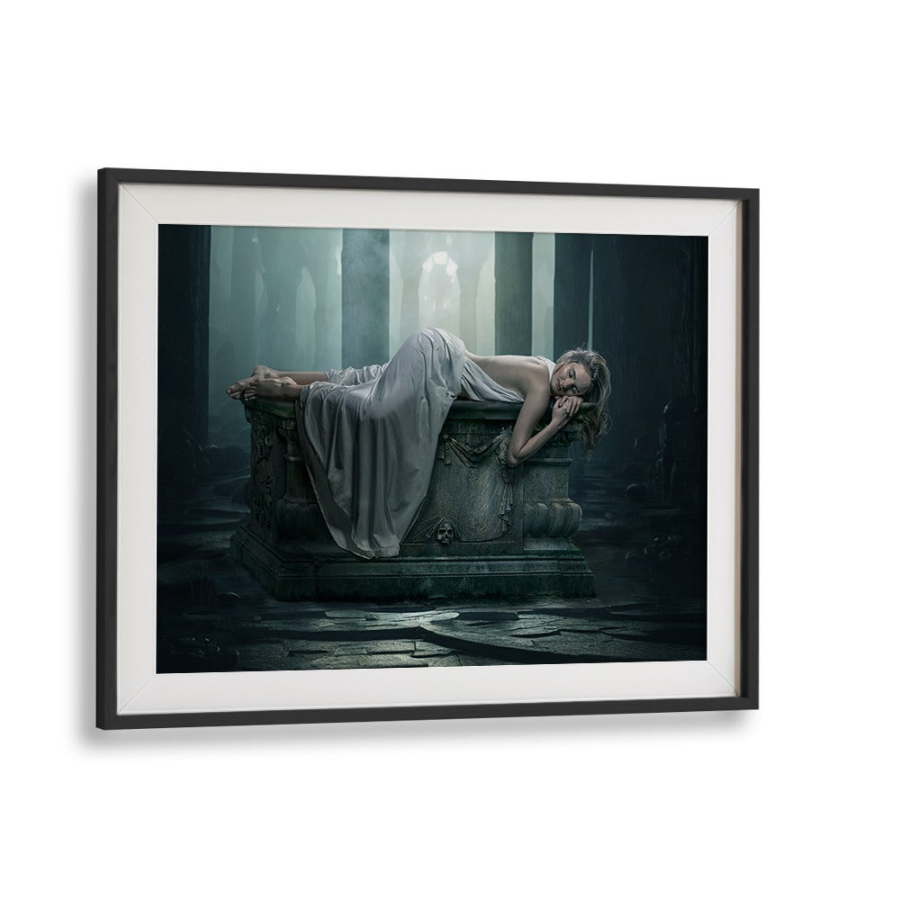Surreal MYSTIC DREAM, PHOTOGRAPHY PRINTS featuring a serene figure on a tomb, capturing an otherworldly essence.