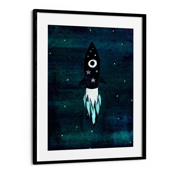 SKY ROCKET HIGH , KIDS ROOM PAINTINGS featuring a playful rocket in a starry night sky by Blackmount Decor.