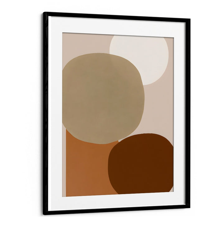 EARTHY MINIMALIST , GEOMETRIC ART PRINTS featuring abstract beige, brown, and cream shapes in a sleek black frame.