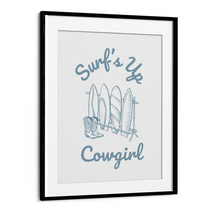 Stylish SURFS UP COWGIRL, BEACH PAINTINGS featuring surfboards and boots, perfect for adventurous decor.
