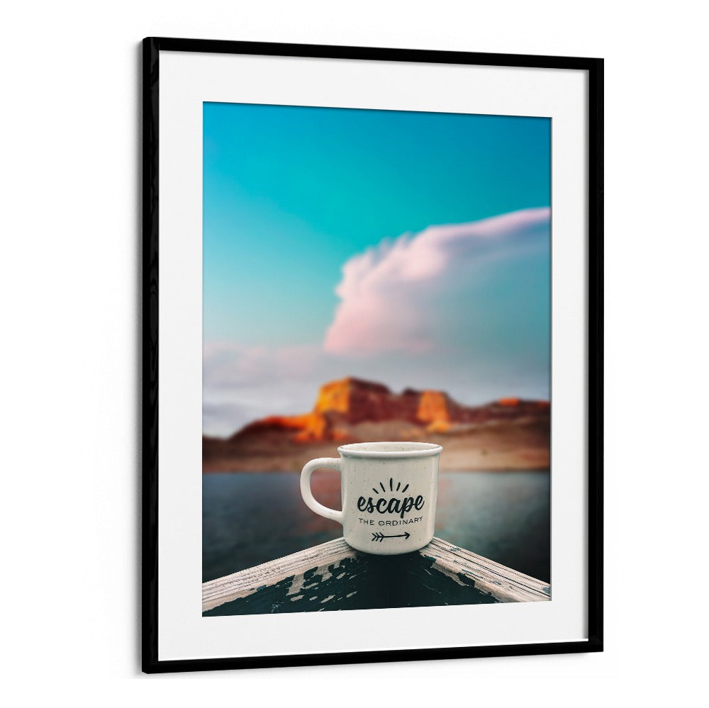 Explore adventure with ESCAPE USA TRAVEL, QUOTES poster featuring a scenic mug by Blackmount on a tranquil lake.