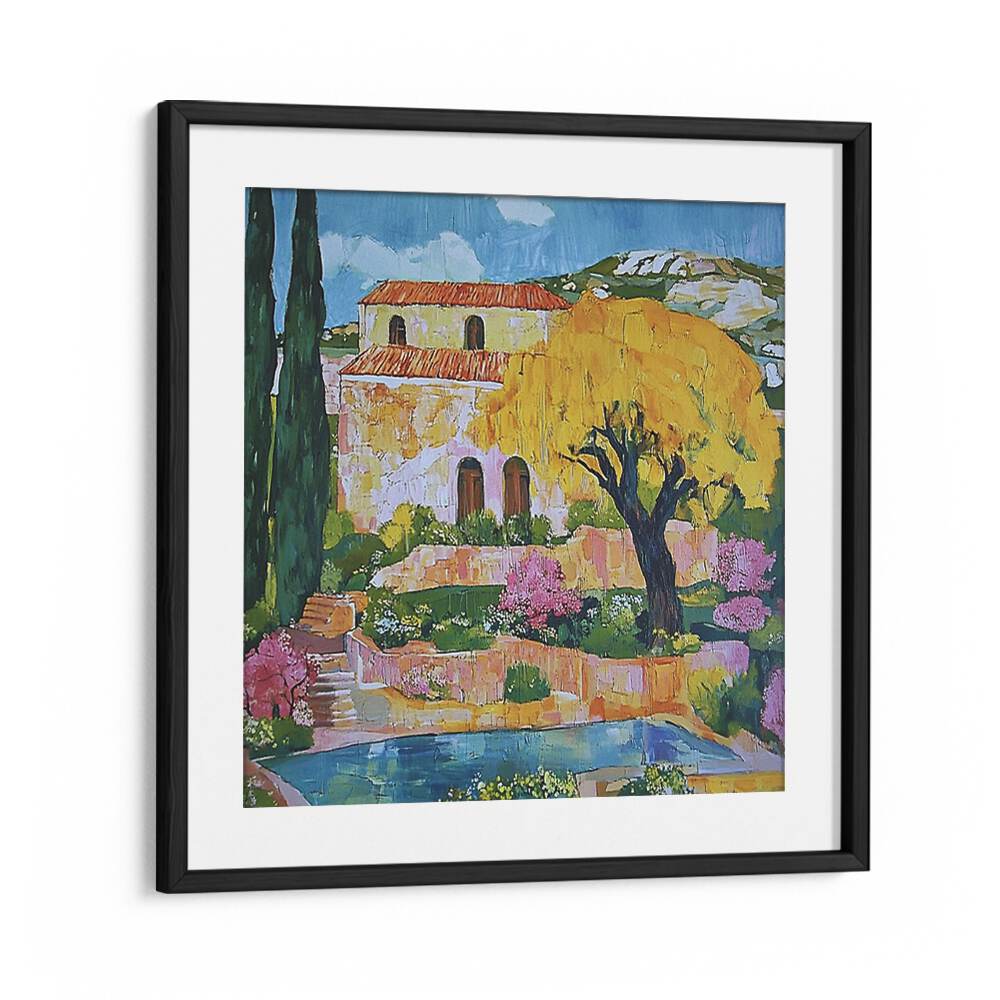 Vibrant artwork of a HOUSE BY THE POOL, showcasing luxury living amid stunning views and outdoor elegance.