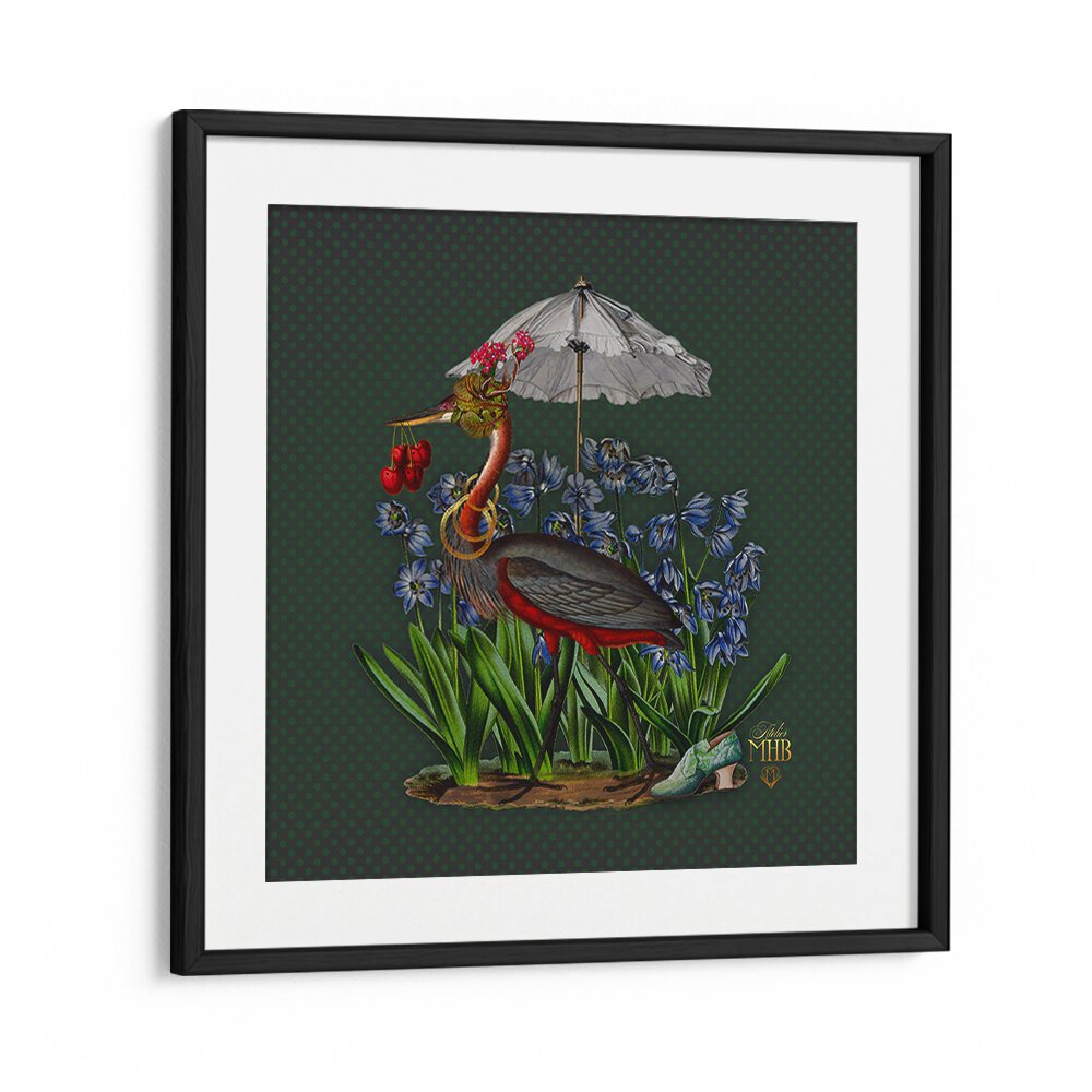 Whimsical heron under an umbrella among flowers in the ENCHANTED FOREST V, ANIMAL PAINTINGS collection.