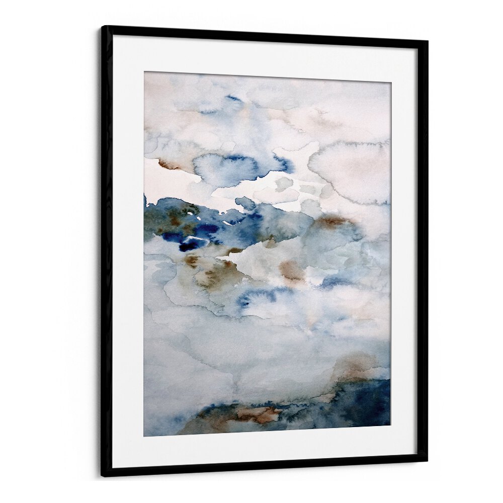 Elegant watercolor design in soft blues and earthy tones, titled UP IN THE CLOUDS III, ABSTRACT PAINTINGS.
