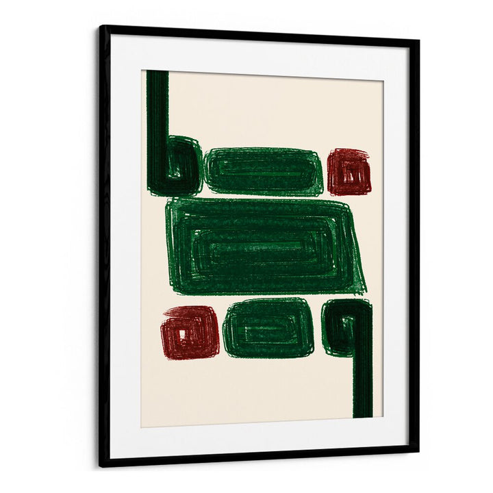 SIMPLEX III, ABSTRACT PAINTINGS features vibrant green and red shapes, enhancing modern decor in any space.