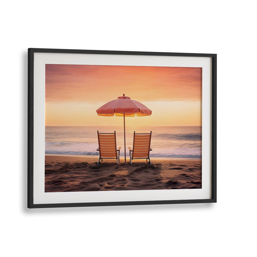 Chairs and umbrella on the beach at sunset, showcasing BOTH FACING THE OCEAN, BEACH PAINTINGS by Philippe Hugonnard.