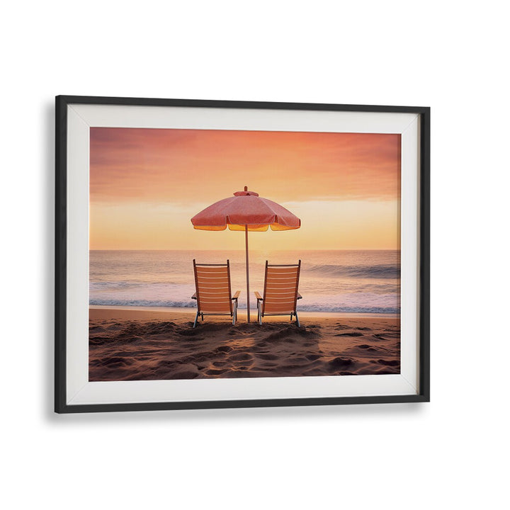 Chairs and umbrella on the beach at sunset, showcasing BOTH FACING THE OCEAN, BEACH PAINTINGS by Philippe Hugonnard.
