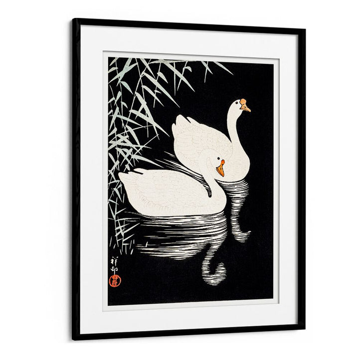 WHITE CHINESE GEESE SWIMMING   , JAPANESE PAINTINGS , JAPANESE ART PRINTS