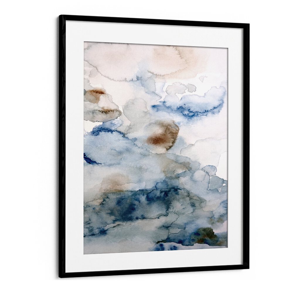 Elegant abstract watercolor art titled "UP IN THE CLOUDS IV, ABSTRACT PAINTINGS," showcasing serene blue and beige tones.