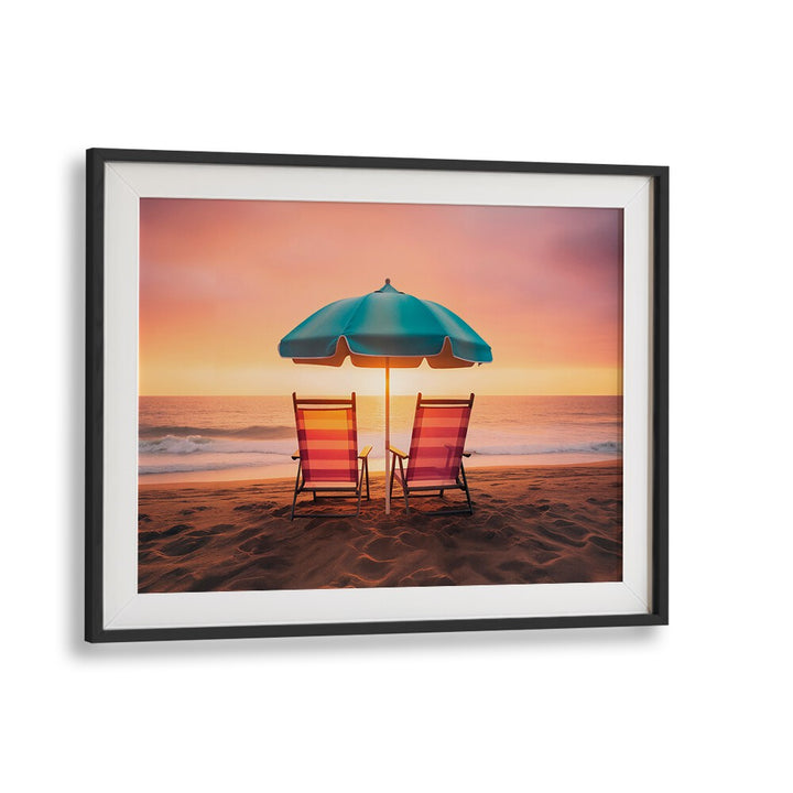 Relaxing view of two beach chairs under a vibrant umbrella at twilight, perfect for SUMMER SUNSET, BEACH PAINTINGS.