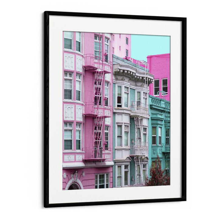 surreal painting - PINK AND BLUE ROW HOUSES IN SAN FRANCISCO by Asianmonk