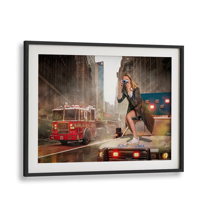 Surreal HOT NEWS PHOTOGRAPHY PRINTS featuring a woman capturing moments amidst an urban emergency scene.