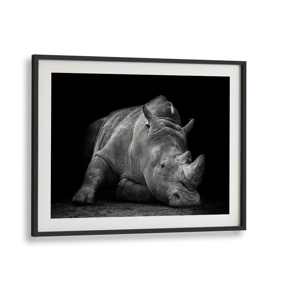 Captivating DEFEATED, PHOTOGRAPHY PRINTS featuring a weary rhinoceros, symbolizing wildlife struggles by Fegari.