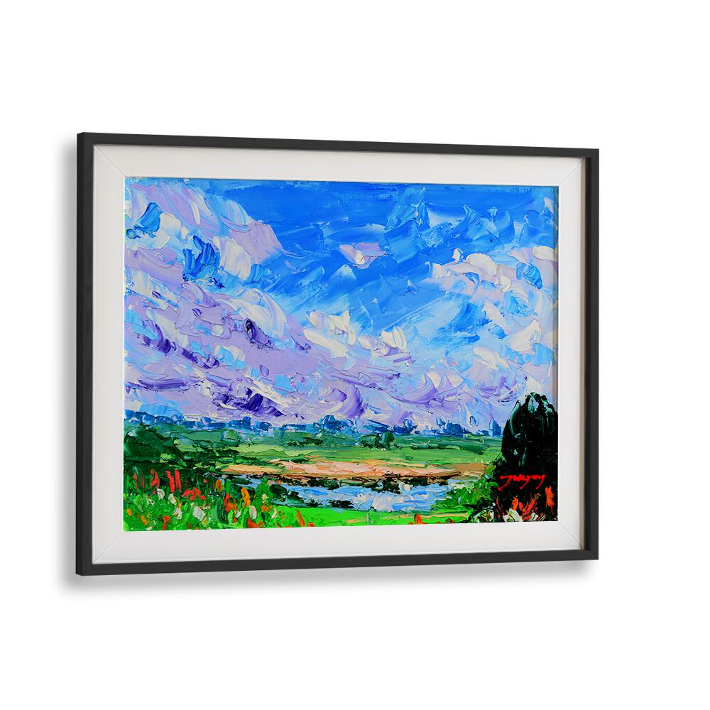Vibrant WILDFLOWERS AND SKY, LANDSCAPE PAINTINGS showcasing a picturesque view with colorful clouds and greenery.