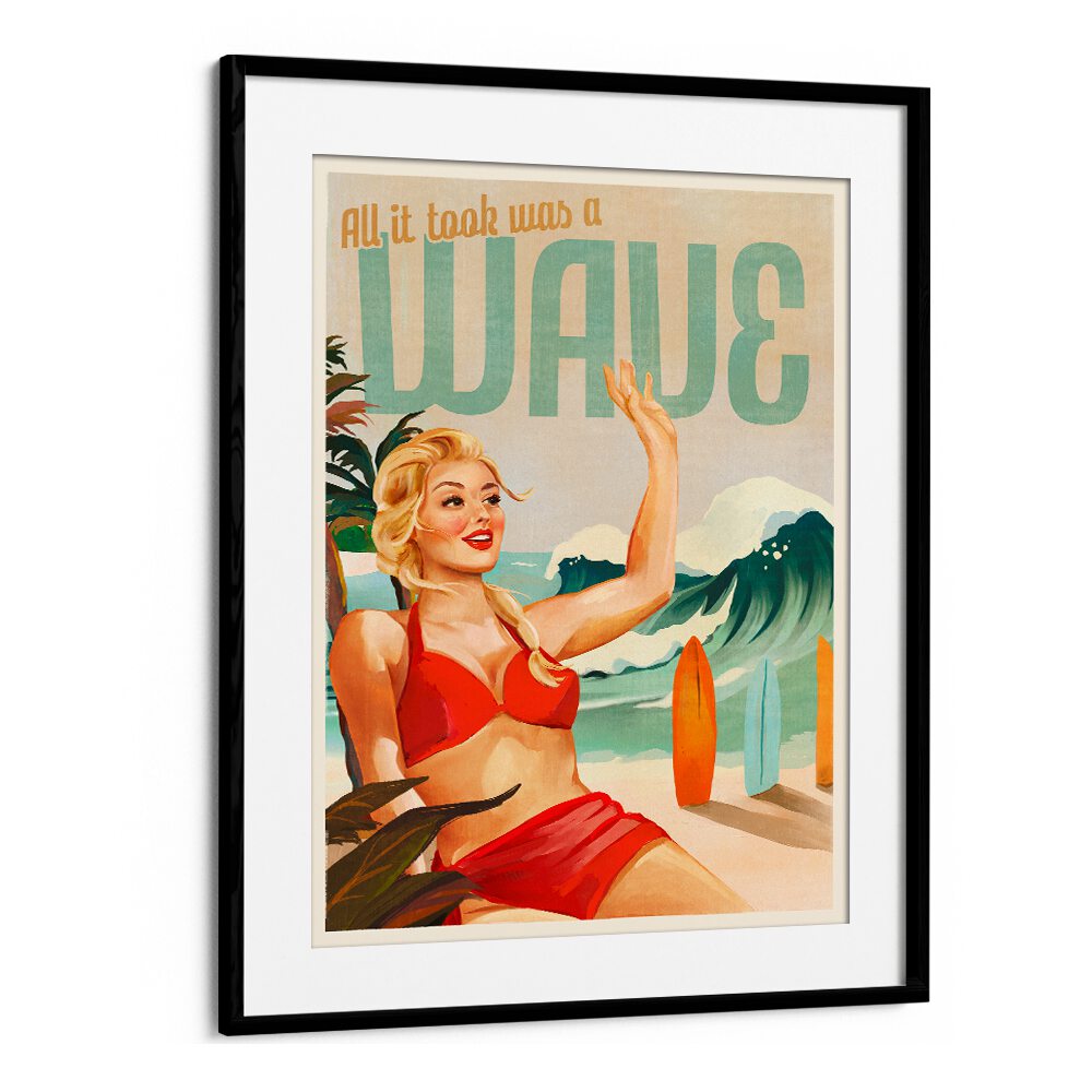 SURFING PINUP GIRL ON BEACH IN BIKINI BY THE WHISKEY GINGER , WOMEN ILLUSTRATION PAINTINGS