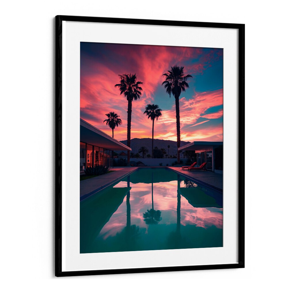 FALLING OF THE NIGHT II, BEACH PAINTINGS showcases a serene twilight scene with palm trees and a reflective pool.