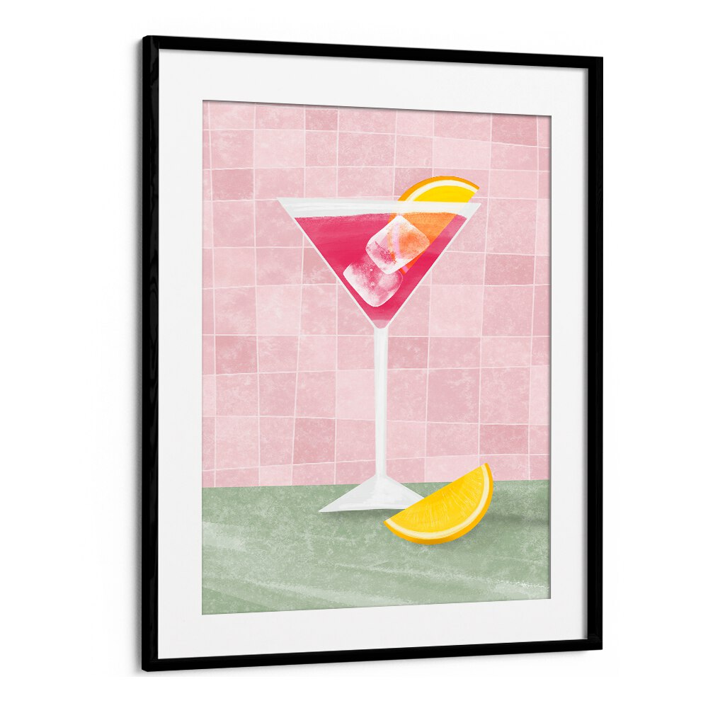 Stylish PINK COCTAIL, BAR art featuring a vibrant pink cocktail and lemon slice, perfect for any bar or cafe decor.
