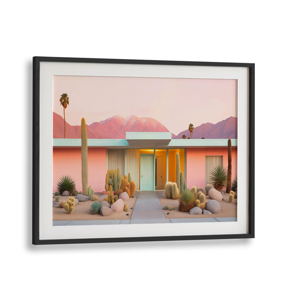 Charming MID-CENTURY MOODS, BEACH PAINTINGS featuring a pastel desert scene with modern architecture and cacti.