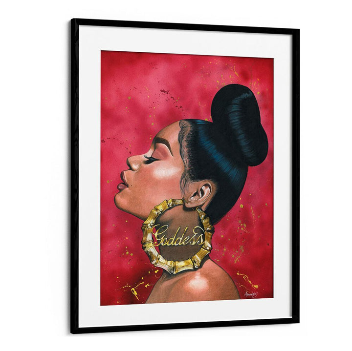 Elegant profile of a woman adorned with a "Goddess" earring in stunning GODDESS, AFRICAN ART PAINTINGS style.