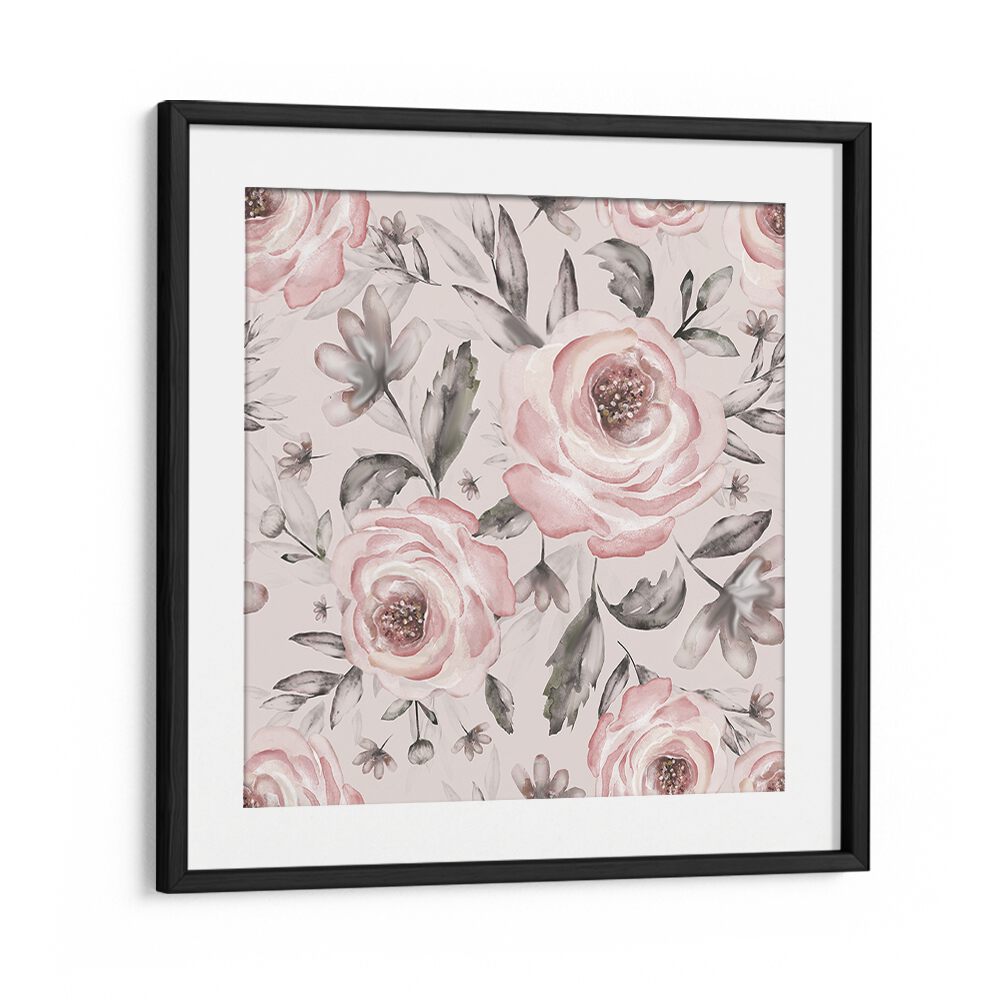 Pink Rose Tapestry Vintage European Paintings in Black Frame With Mount