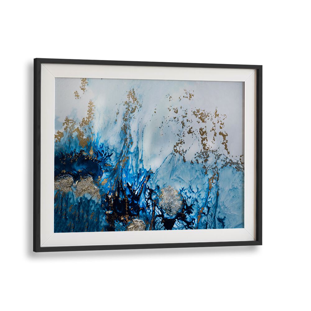 Vibrant GENTLY DRIFTING, ABSTRACT PAINTINGS featuring blue hues and gold accents, perfect for transforming your space.