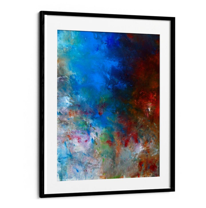 Vibrant blue and red hues in TIME AND SPACE, ABSTRACT PAINTINGS create a stunning focal point for any contemporary space.