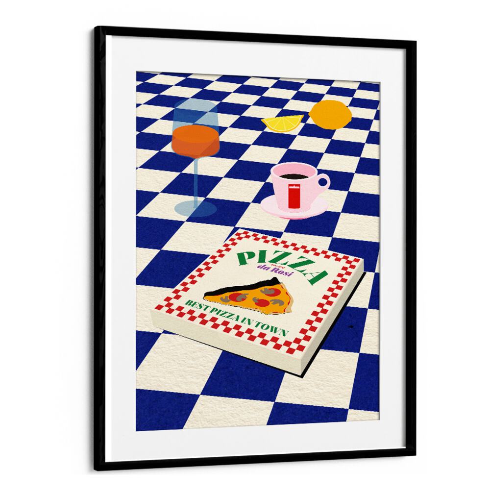 Colorful illustration featuring THE ITALIAN MENU, BAR & CAFE ART, showcasing Italian culinary delights and drinks.