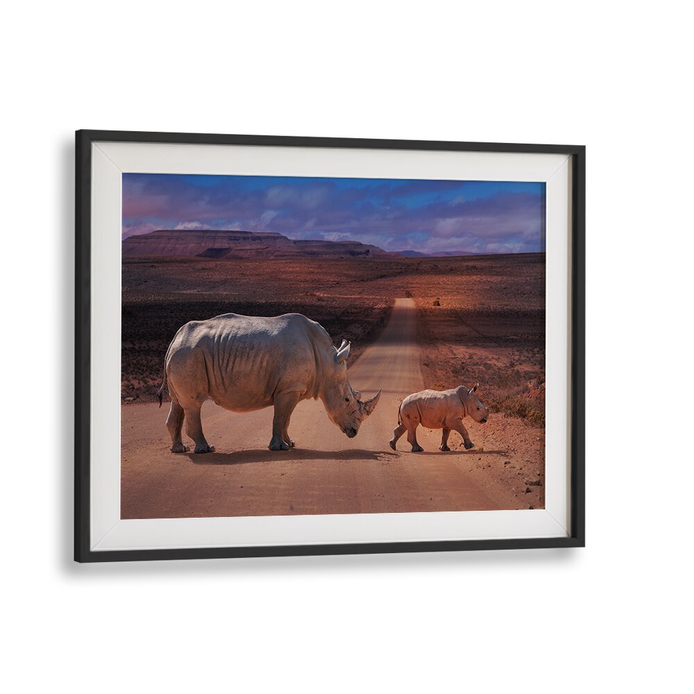Rhinos crossing a dirt road, showcasing power and grace in RHINOS CROSSING, PHOTOGRAPHY PRINTS collection.