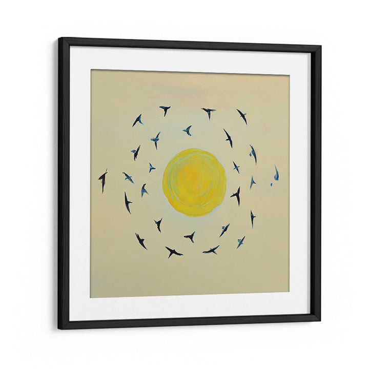 FLY AWAY WITH ME , KIDS ROOM PAINTINGS featuring birds circling a bright yellow sun in a black frame by Blackmount.