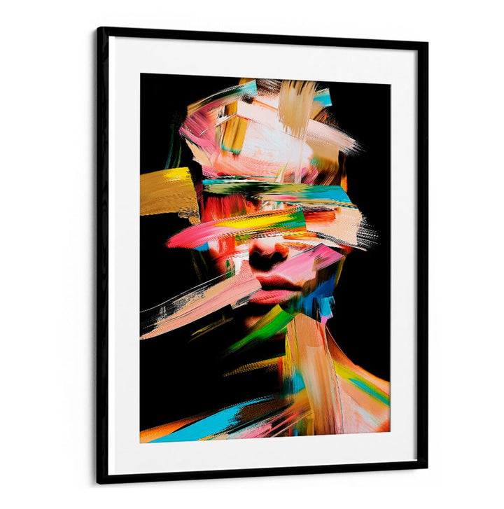 Faceless V, abstract paintings by Philippe Hugonnard, showcase vibrant colors on a striking black background.