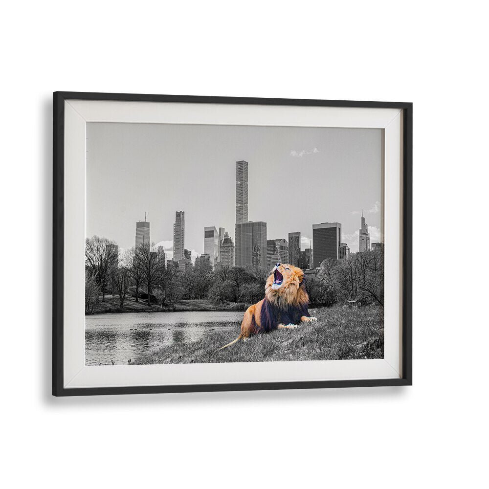 Vibrant NEW YORK ROAR, ANIMAL PAINTINGS capture the city's essence with a lion in Central Park's backdrop.