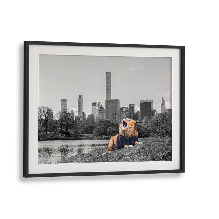 Vibrant NEW YORK ROAR, ANIMAL PAINTINGS capture the city's essence with a lion in Central Park's backdrop.