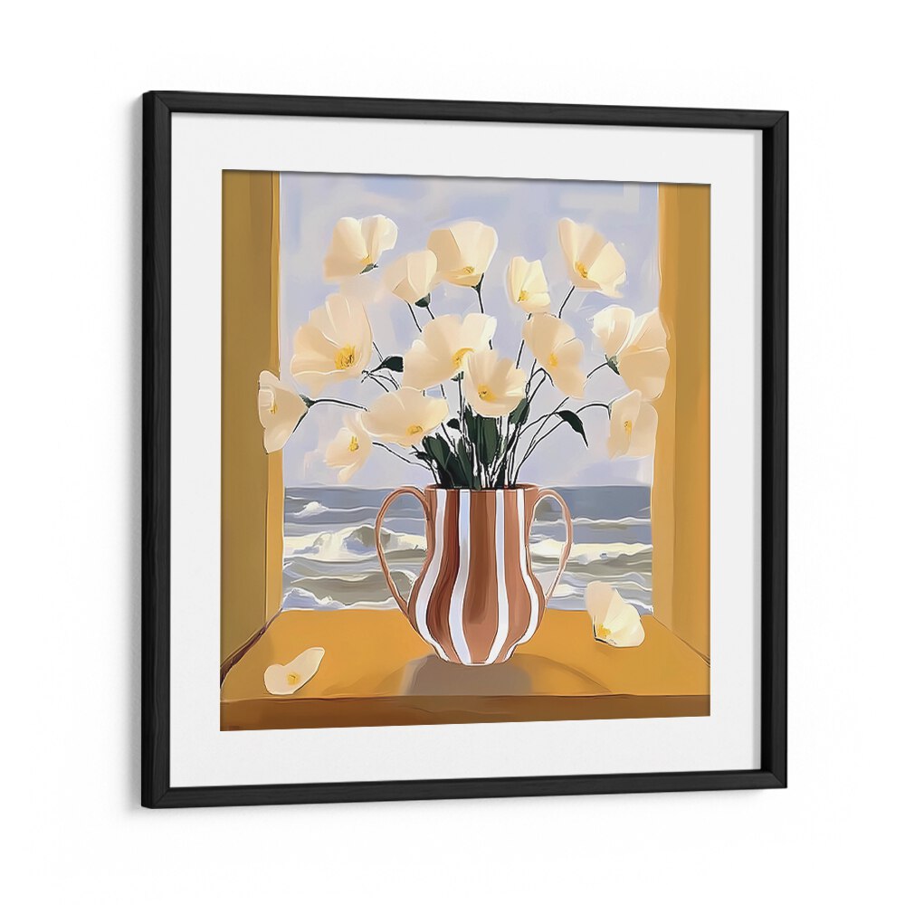 Serene flowers in a striped vase by the sea, showcasing the coastal charm of the POT BY THE SEA.