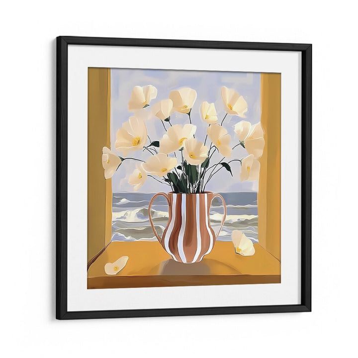 Serene flowers in a striped vase by the sea, showcasing the coastal charm of the POT BY THE SEA.