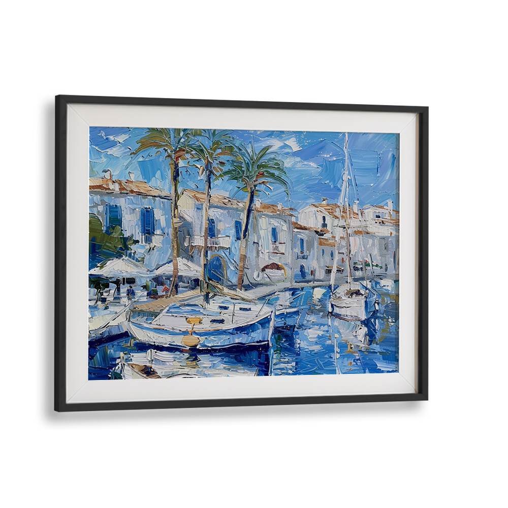 Vibrant artwork titled BOATS IN THE HARBOR, showcasing serene maritime beauty and tranquil coastal life.