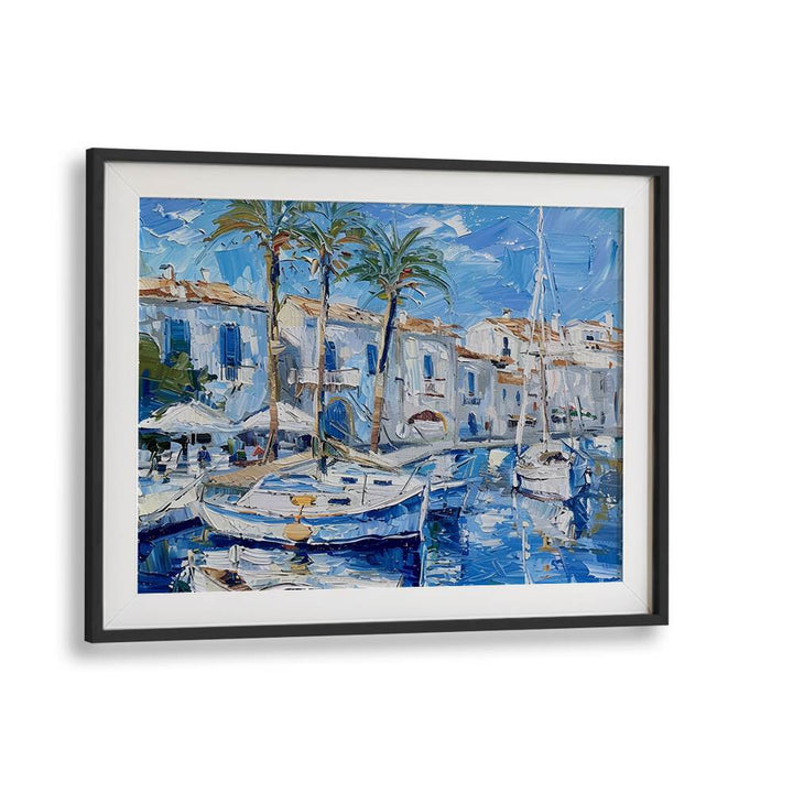 Vibrant artwork titled BOATS IN THE HARBOR, showcasing serene maritime beauty and tranquil coastal life.