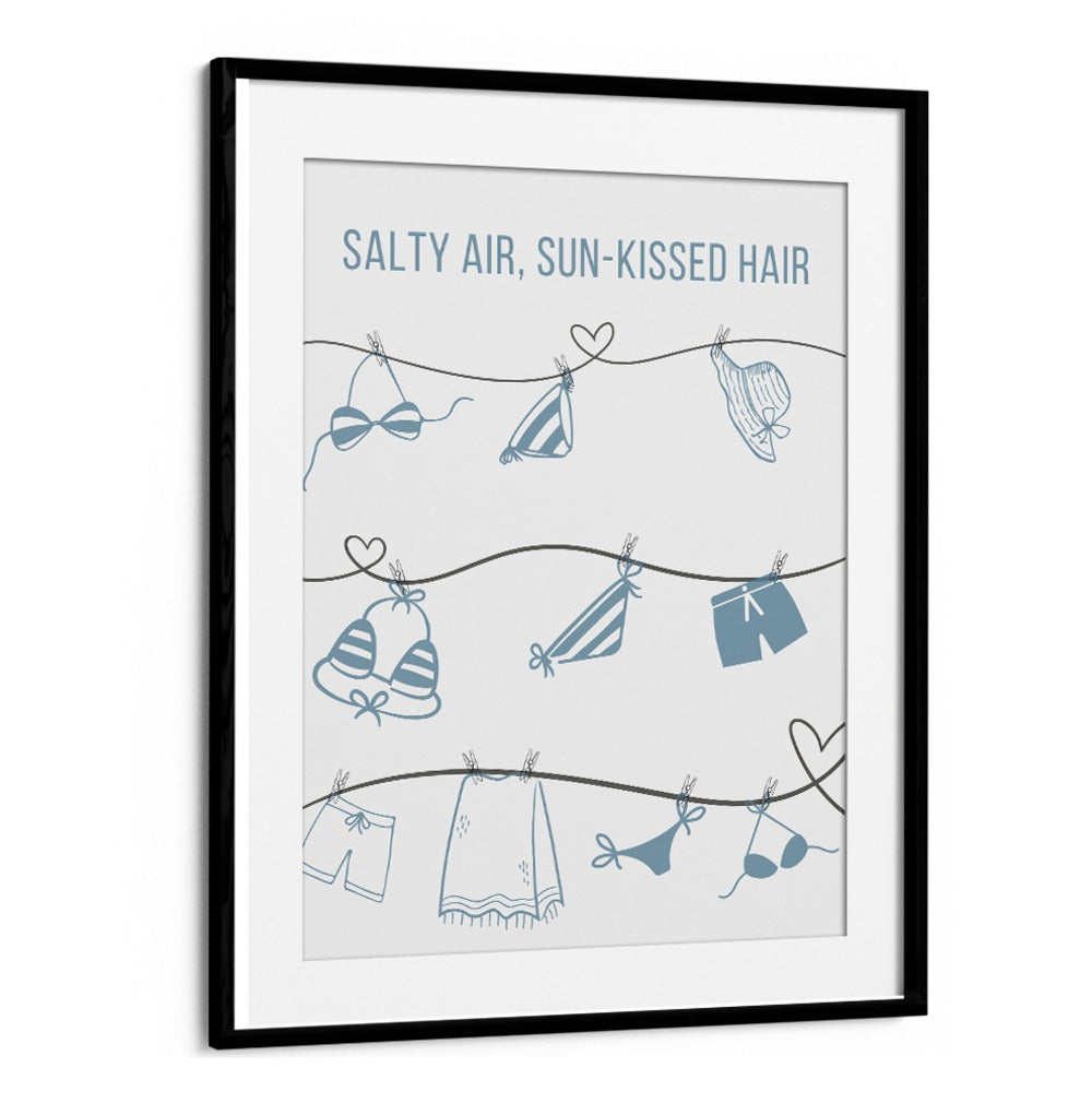 Coastal-themed SALTY AIR - CLOTHESLINE, BEACH PAINTINGS featuring beachwear hanging on a stylish clothesline.