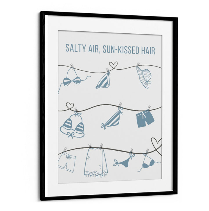 Coastal-themed SALTY AIR - CLOTHESLINE, BEACH PAINTINGS featuring beachwear hanging on a stylish clothesline.