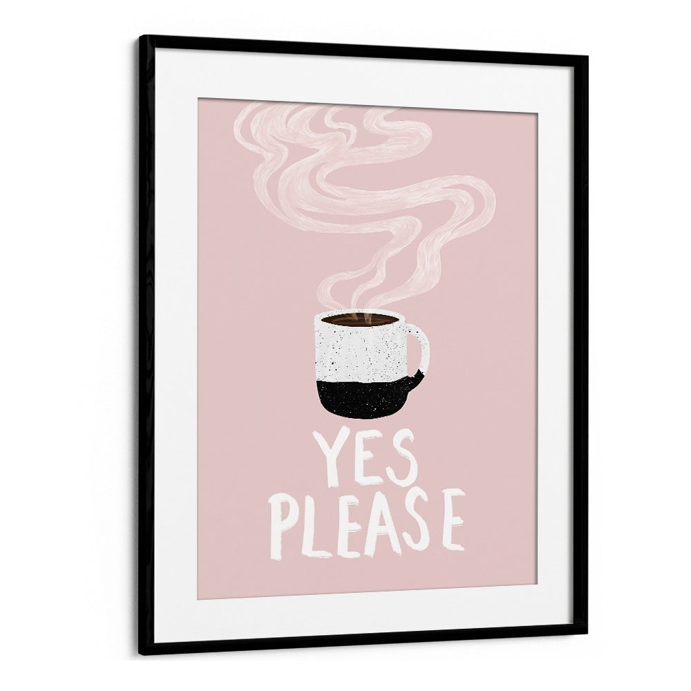 Framed art featuring a coffee cup and "YES PLEASE , BAR" text, perfect for café decor.
