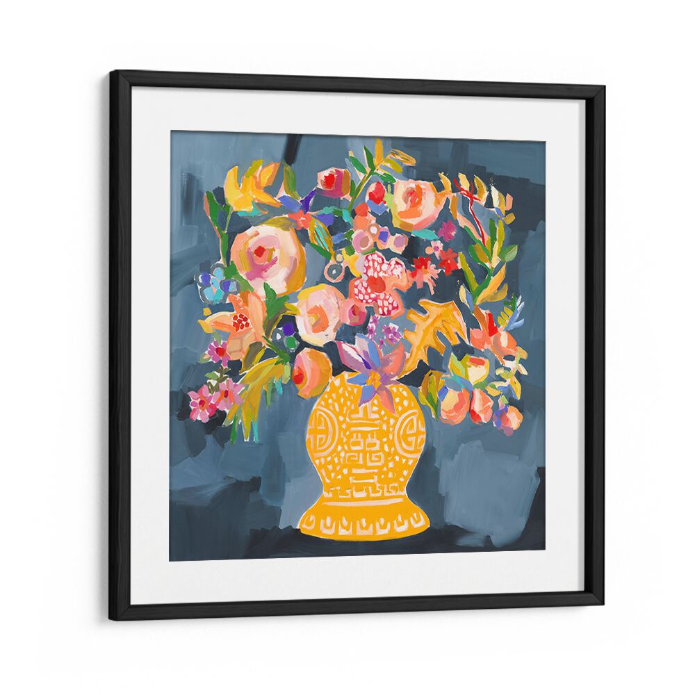 Vibrant IZZIE S BOUQUET, FLORAL FLOWER PAINTINGS, showcasing colorful abstract flowers in a decorative vase.
