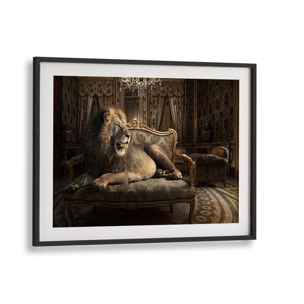 Luxurious PALAZZO LION, PHOTOGRAPHY PRINTS featuring a majestic lion in a stunning surreal setting. Perfect for decor.