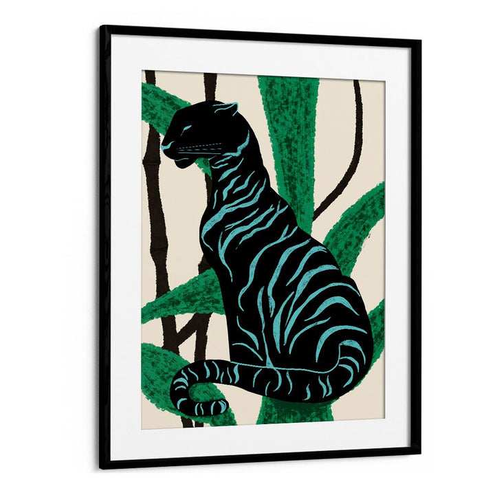 Vibrant BLACK CHARACTER, ANIMAL PAINTINGS featuring a striking black tiger against lush green foliage.
