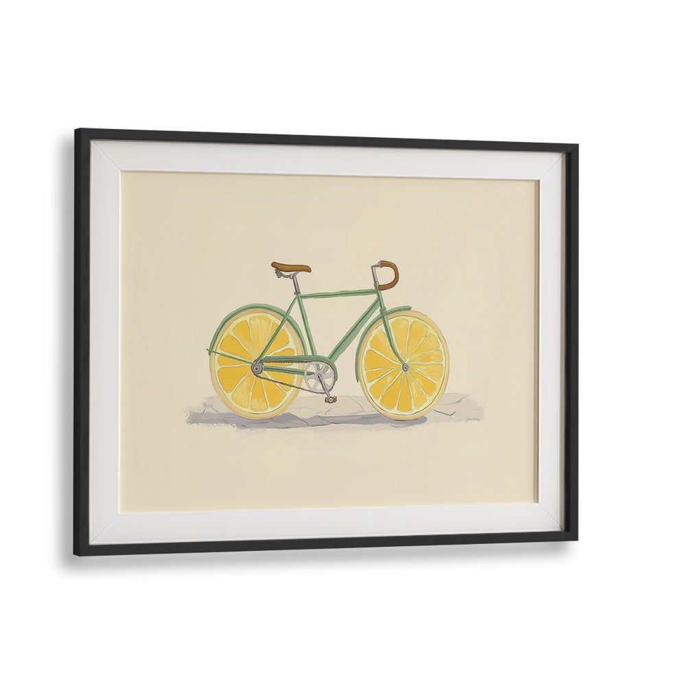 Vibrant BICYCLE WITH LEMON WHEELS, KITCHEN POSTERS adds a splash of color to any space with its playful design.