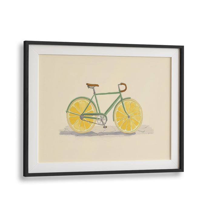 Vibrant BICYCLE WITH LEMON WHEELS, KITCHEN POSTERS adds a splash of color to any space with its playful design.