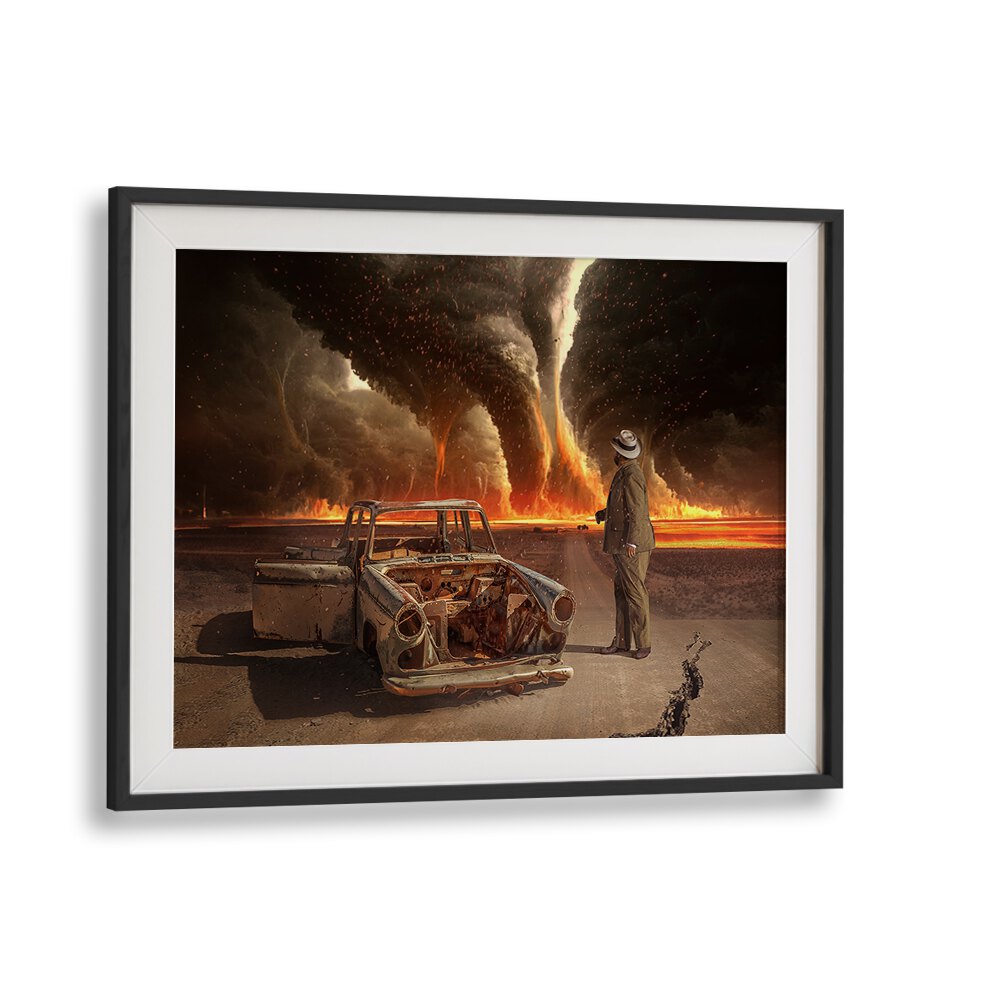 Surreal FIRE STORM, PHOTOGRAPHY PRINTS showcase an imaginative landscape with a man observing powerful elements.