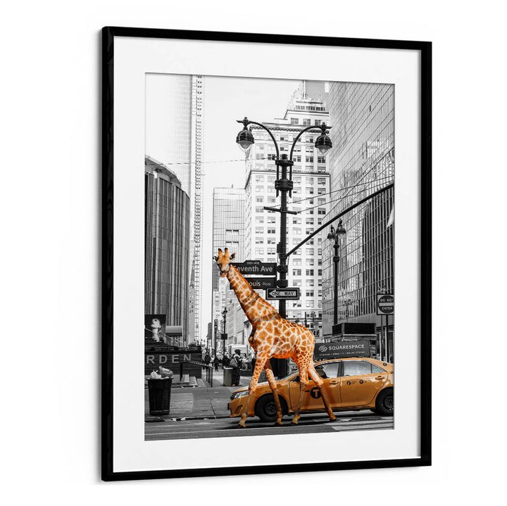 Giraffe crossing a city street in MORNING WALK, ANIMAL PAINTINGS, bringing urban art to life and sparking joy.